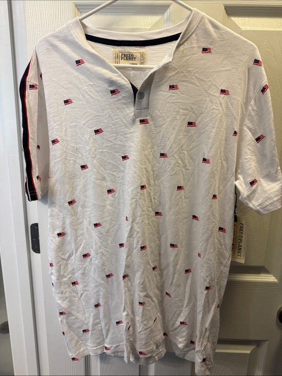 Free Planet Other - Free Planet White Henley Polo with Red & Blue Flag Embroidery